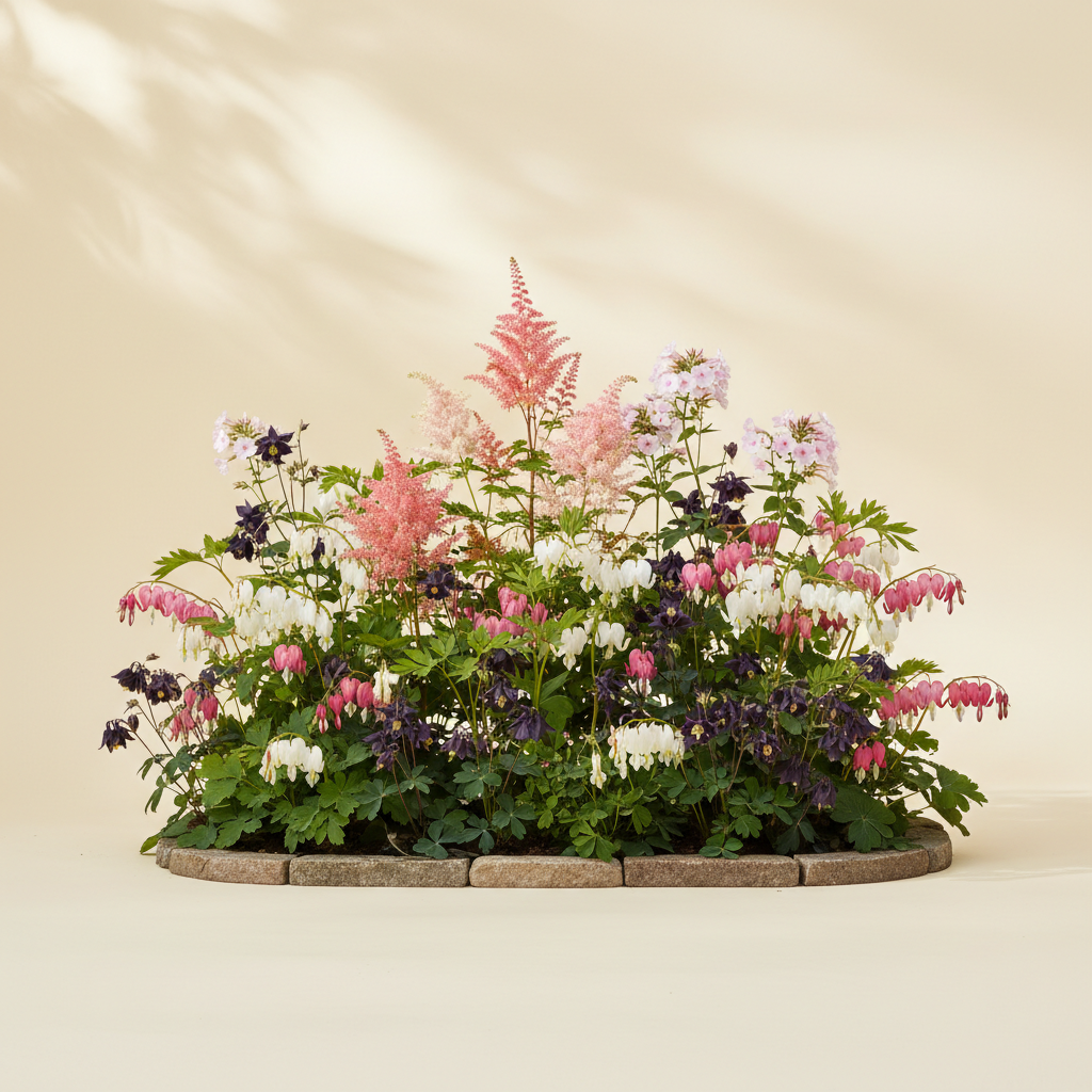 Rabatt med löjtnantshjärta, astilbe, höstflox i halvskugga – 6 m² perennrabatt