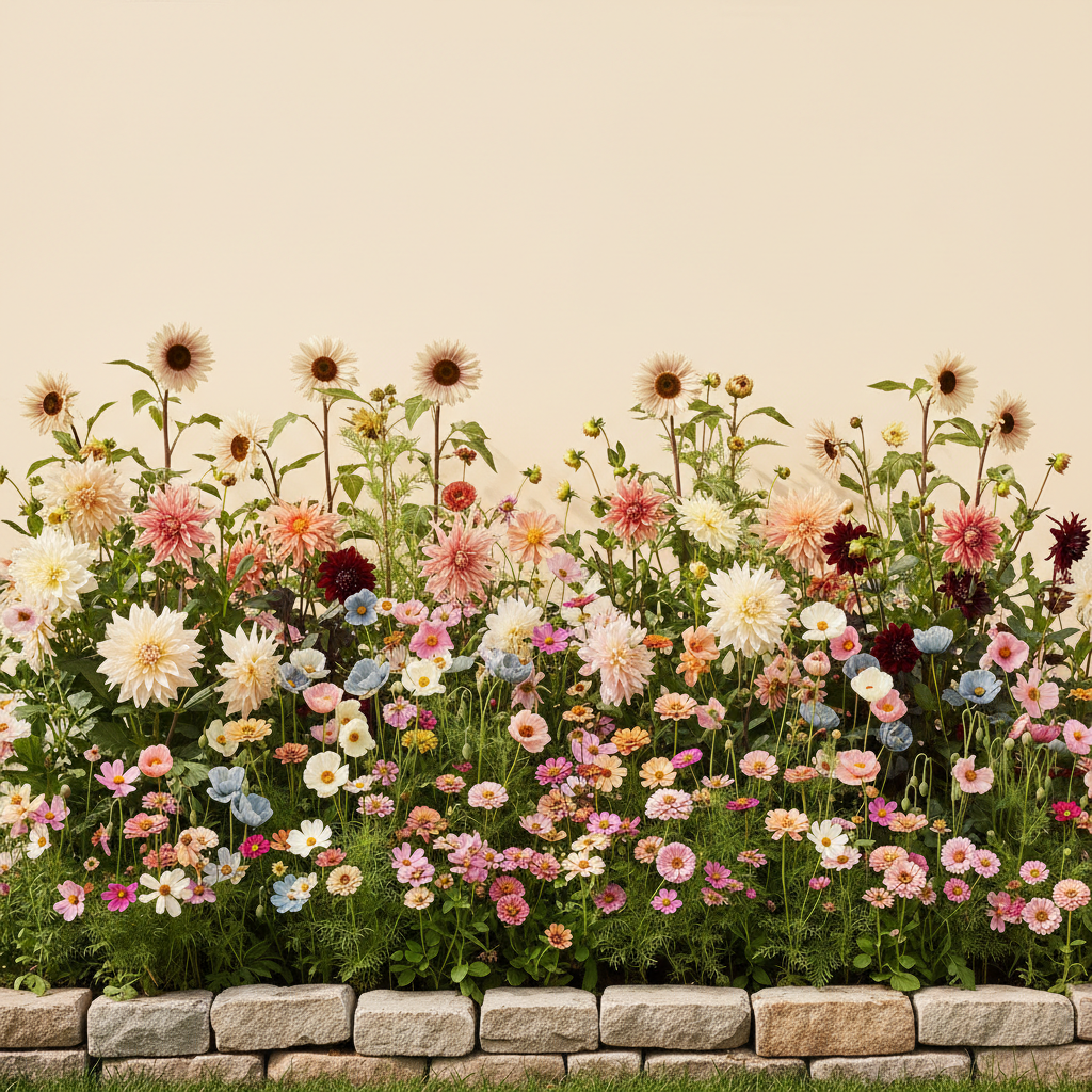 Rabatt med dahlia, zinnia, cosmos i full sol – 20 m² snittblomsterbädd