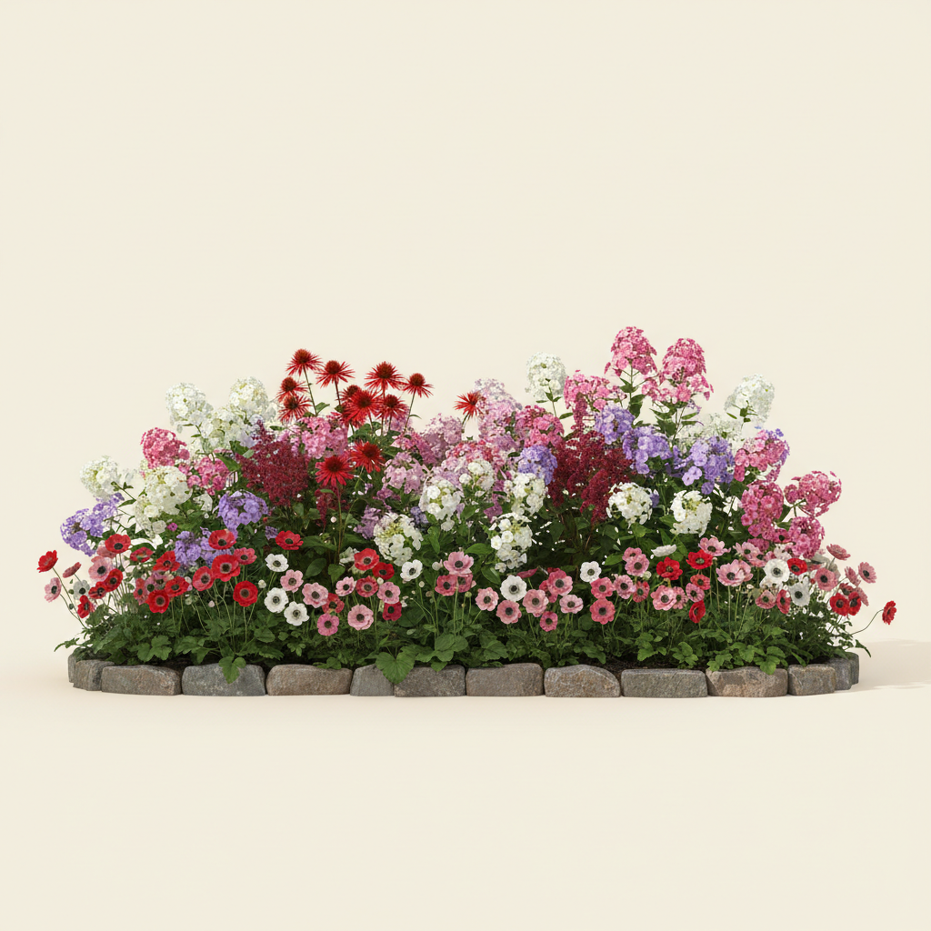 Rabatt med anemone, höstflox, röd i halvskugga – 20 m² perennrabatt