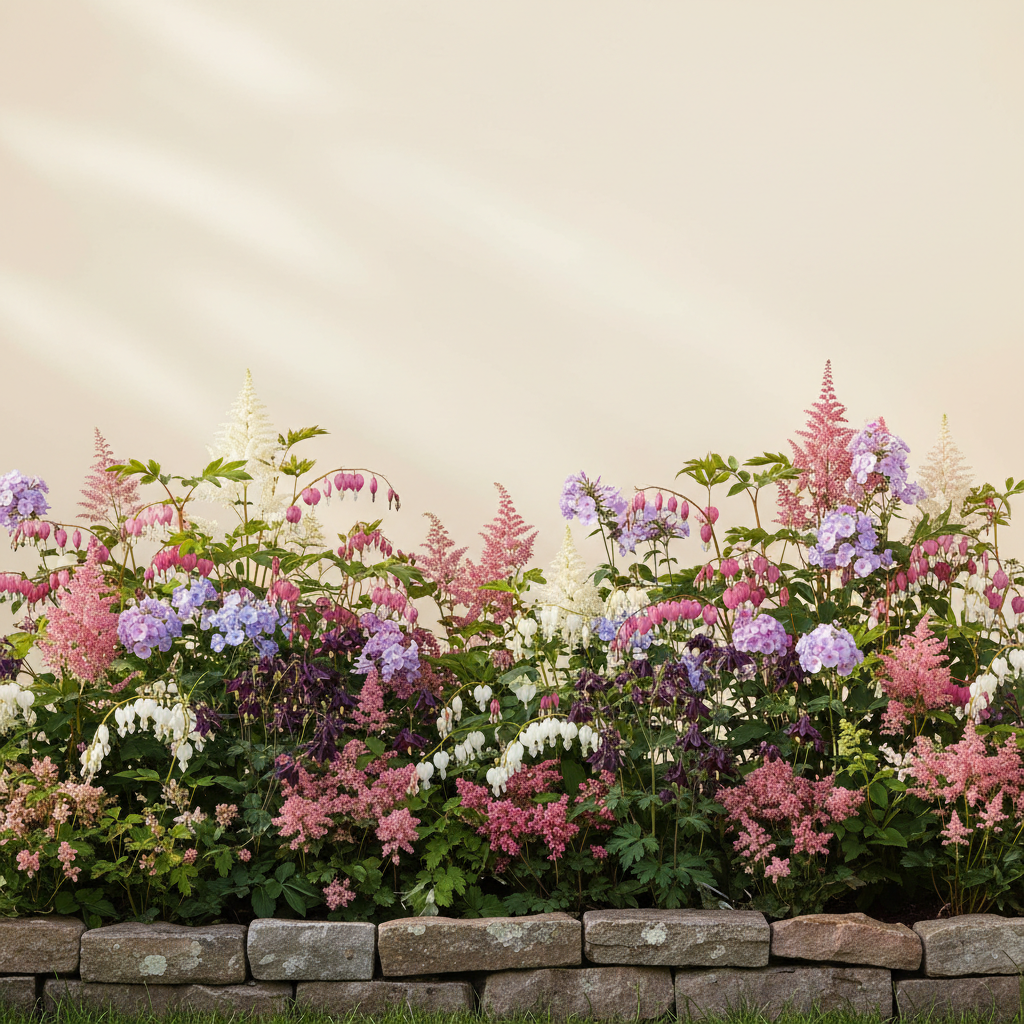 Rabatt med löjtnantshjärta, astilbe, höstflox i halvskugga – 15 m² perennrabatt