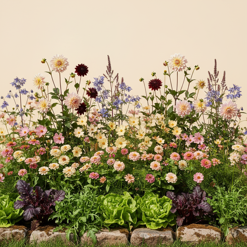 Rabatt med dahlia, zinnia, cosmos i full sol – 30 m² blandad rabatt