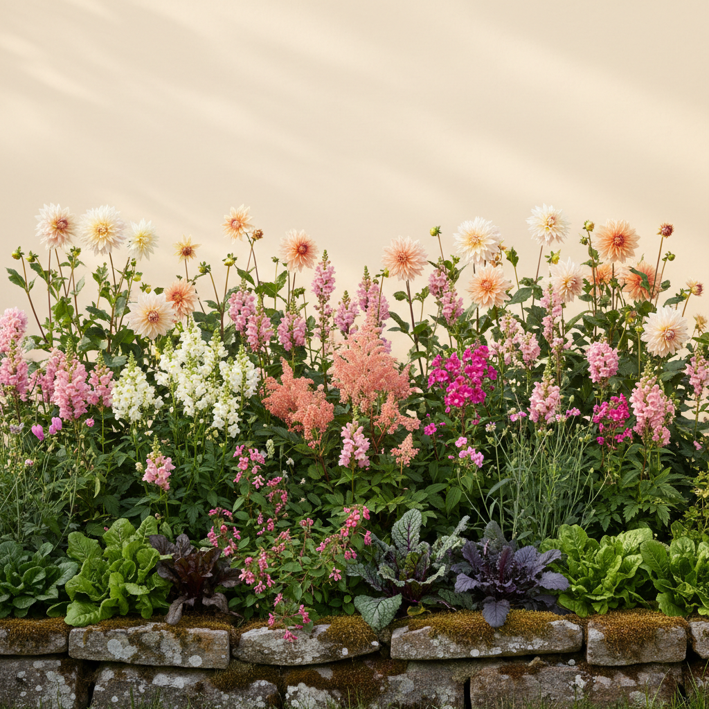 Rabatt med dahlia, rosenskära, lejongap i halvskugga – 60 m² blandad rabatt