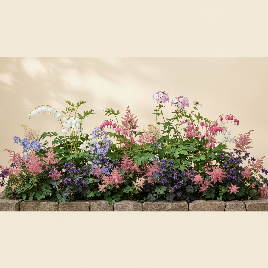Rabatt med löjtnantshjärta, astilbe, höstflox i halvskugga – 6 m² perennrabatt