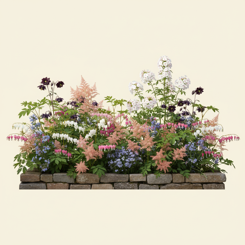 Rabatt med löjtnantshjärta, astilbe, höstflox i halvskugga – 6 m² perennrabatt