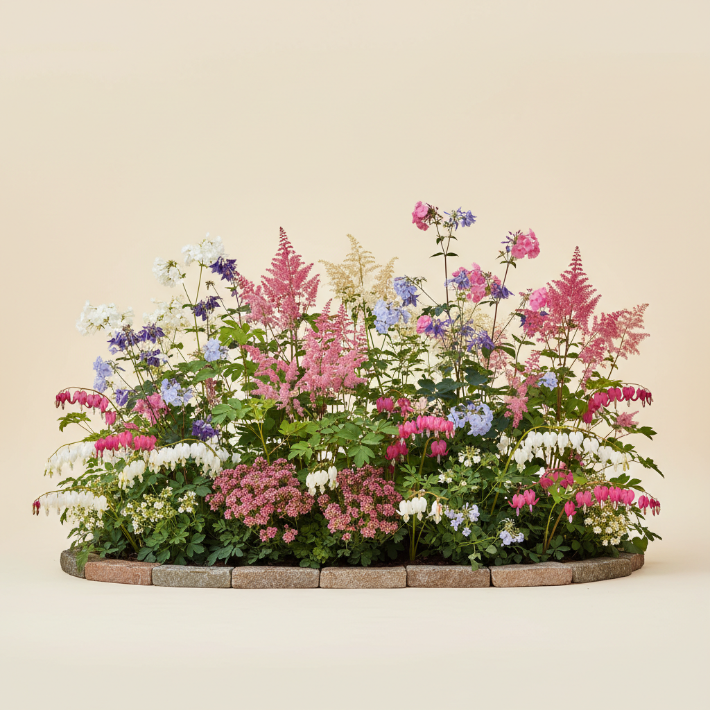 En liten 6 m² bädd i halvskugga — planerad för barrotsplantor. Här samsas Löjtnantshjärta vit, Löjtnantshjärta rosa/röd, Astilbe 'Younique Salmon', Höstflox 'Brilliant Eye' och Akleja 'Black Barlow', valda för att trivas tillsammans.