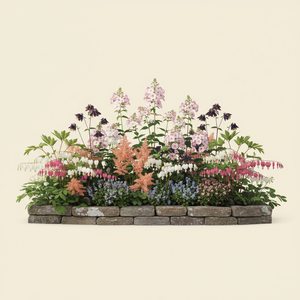 Rabatt med löjtnantshjärta, astilbe, höstflox i halvskugga – 6 m² perennrabatt