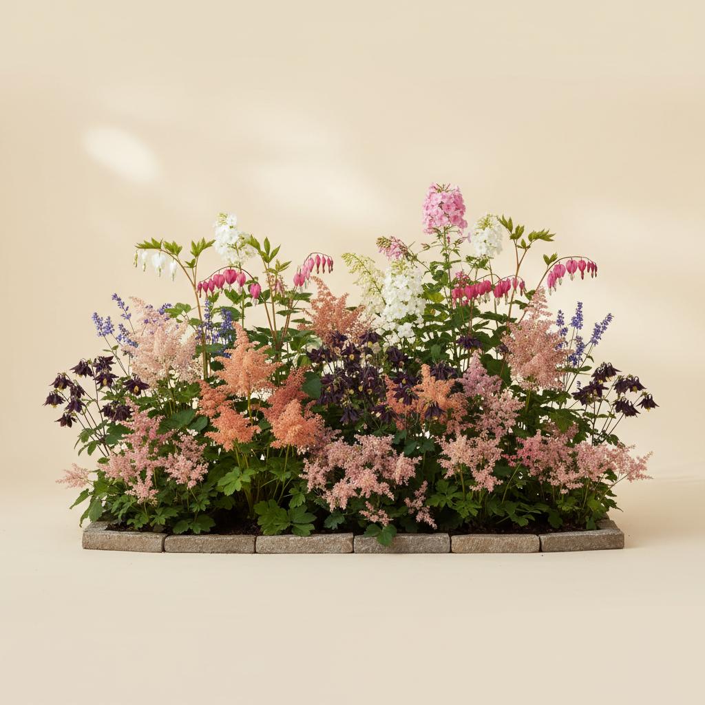 Rabatt med löjtnantshjärta, astilbe, höstflox i halvskugga – 12 m² perennrabatt