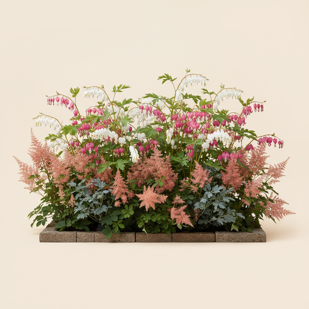 Rabatt med löjtnantshjärta, astilbe i halvskugga – 2 m² perennrabatt