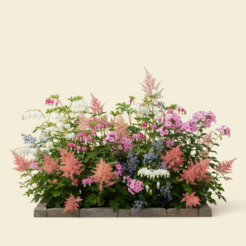 Rabatt med löjtnantshjärta, astilbe, höstflox i halvskugga – 3 m² perennrabatt