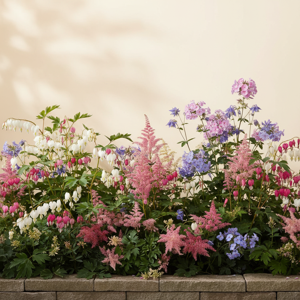 Rabatt med löjtnantshjärta, astilbe, höstflox i halvskugga – 6 m² perennrabatt