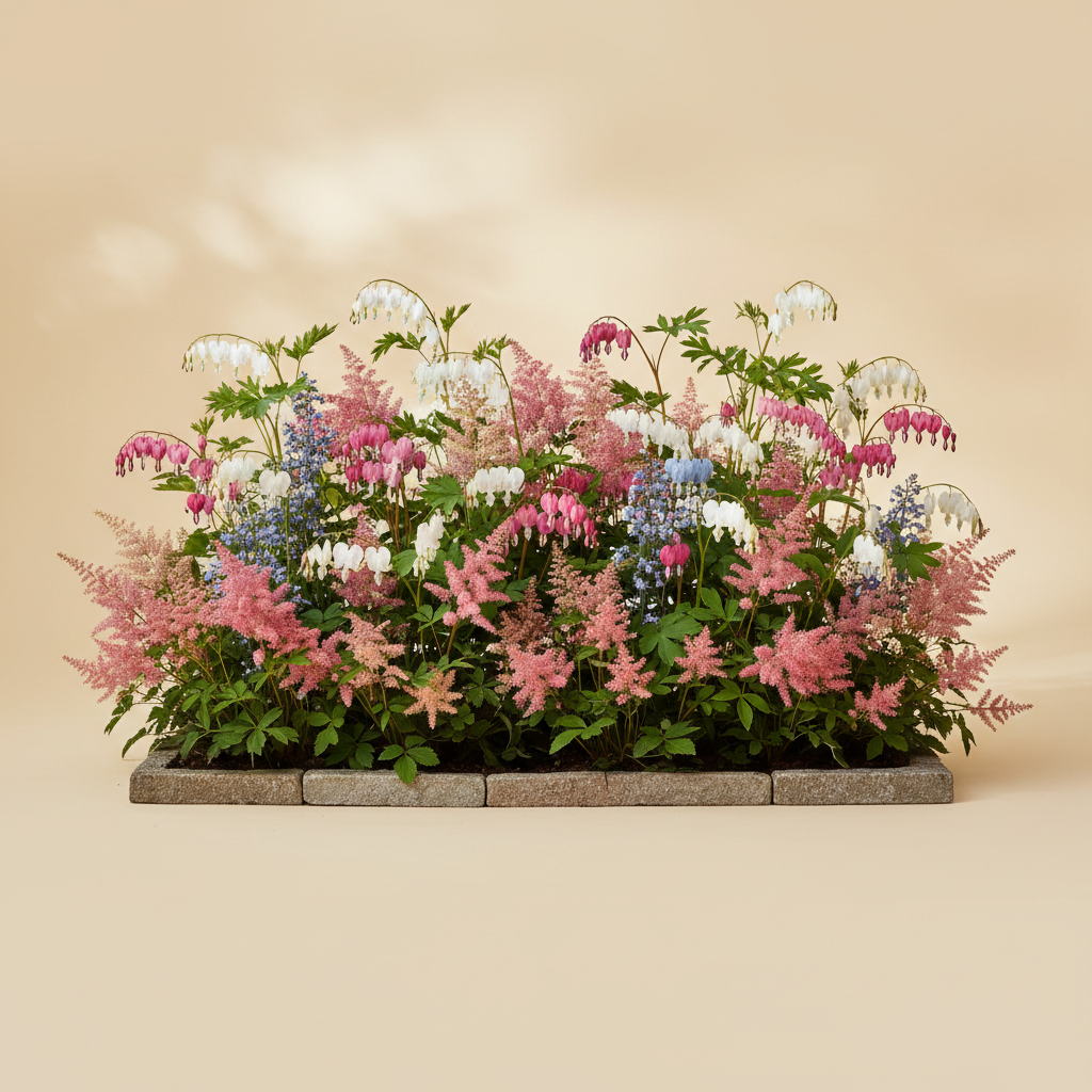 Rabatt med löjtnantshjärta, astilbe i halvskugga – 2 m² perennrabatt