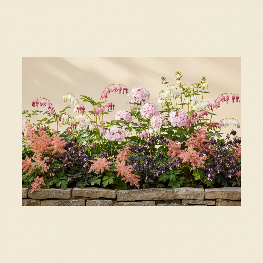 Rabatt med löjtnantshjärta, astilbe, höstflox i halvskugga – 6 m² perennrabatt