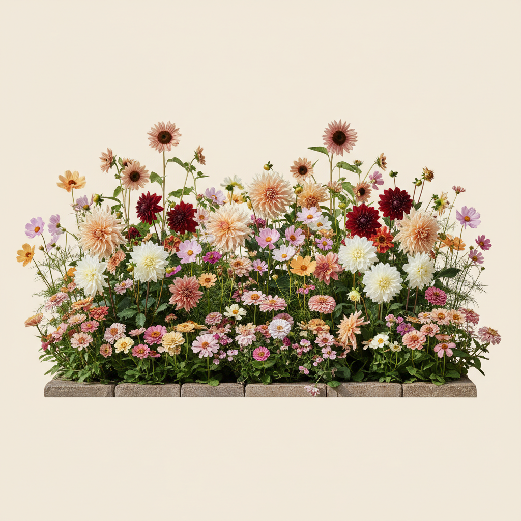 Rabatt med dahlia, zinnia, cosmos i full sol – 6 m² snittblomsterbädd