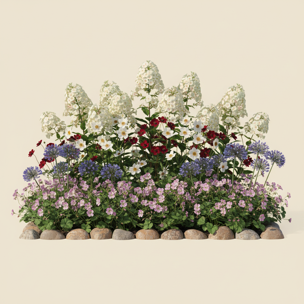 Rabatt med höstflox, anemone, flocknäva i full sol – 6 m² perennrabatt