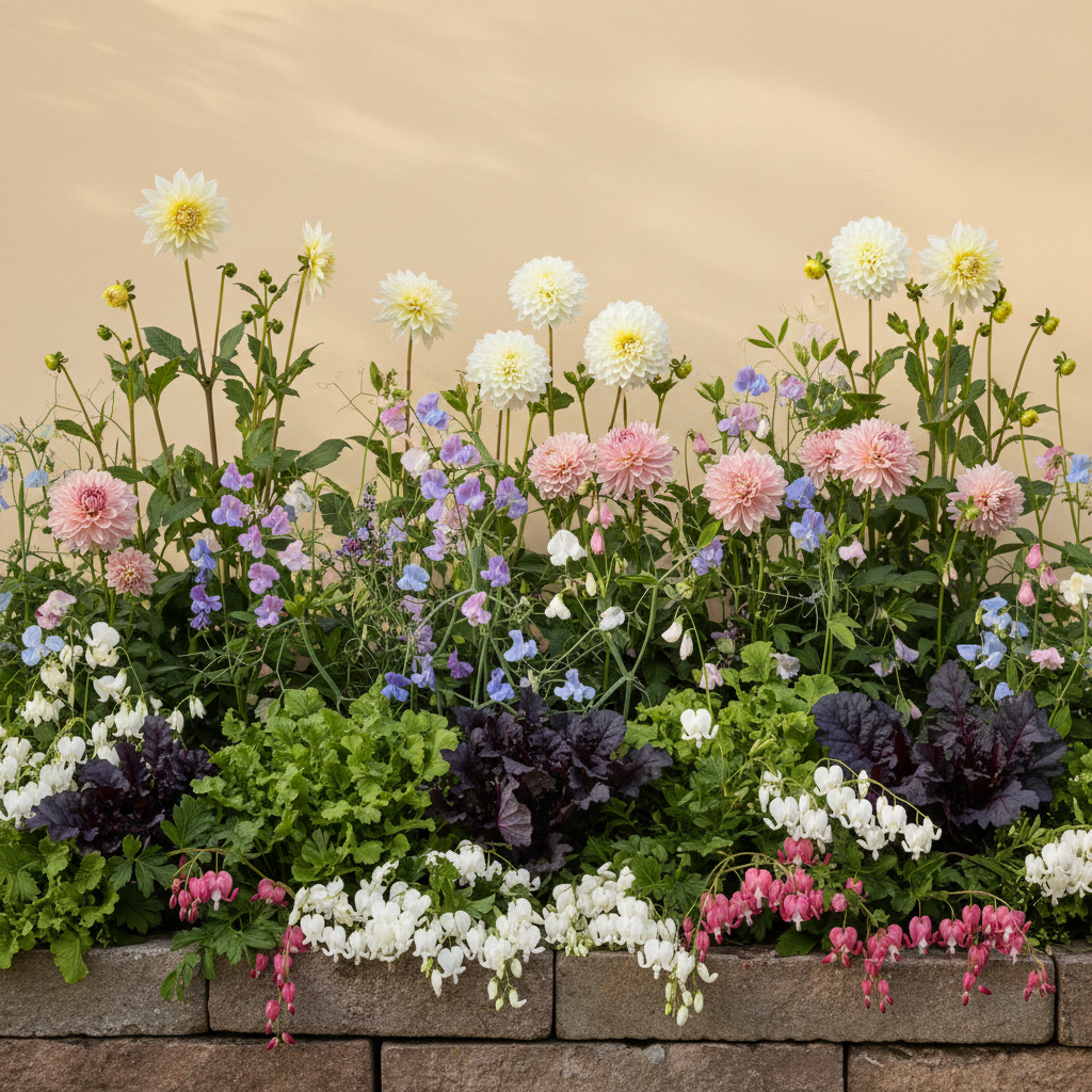Rabatt med dahlia, rosenskära, luktärt i halvskugga – 8 m² blandad rabatt