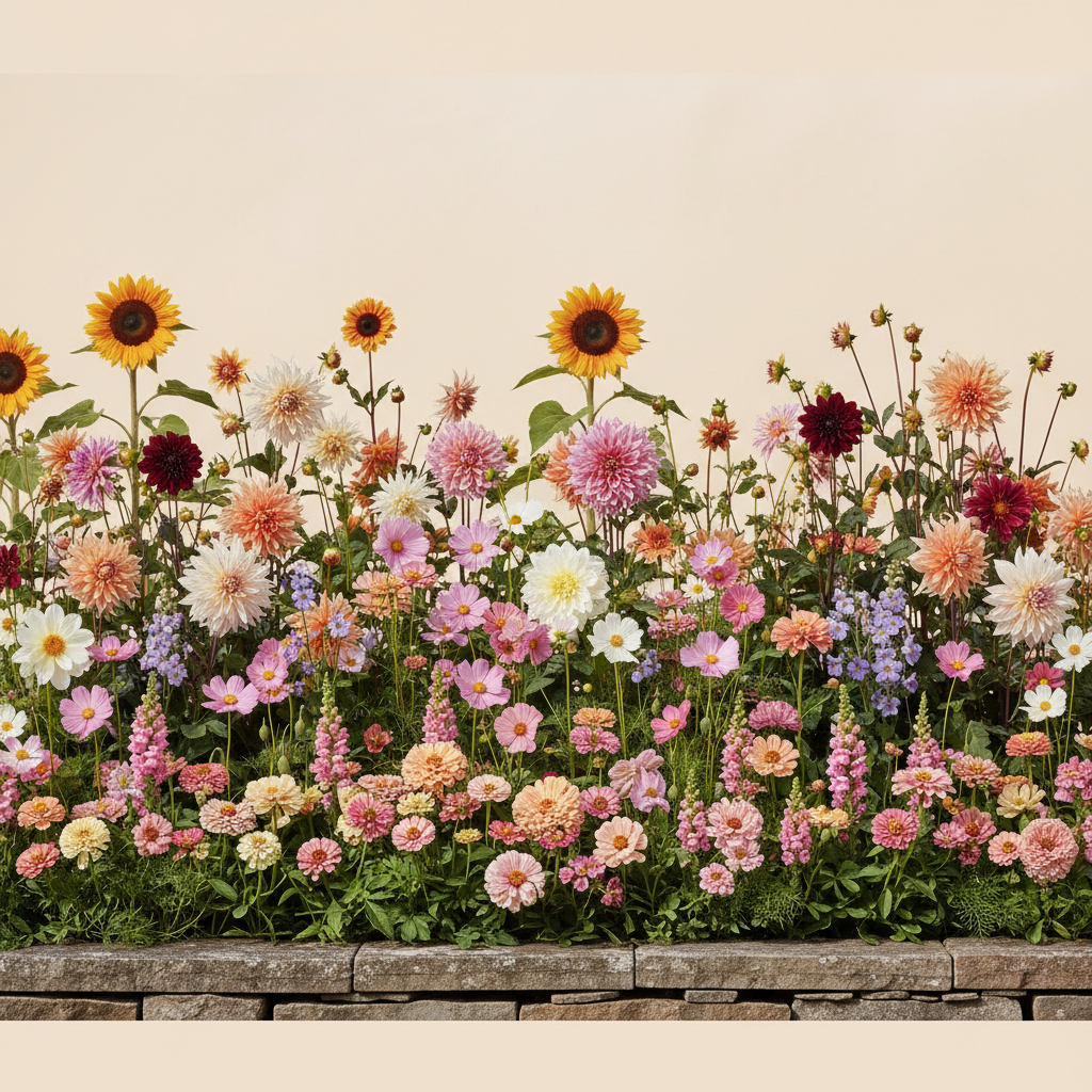 Rabatt med dahlia, zinnia, cosmos i full sol – 60 m² snittblomsterbädd