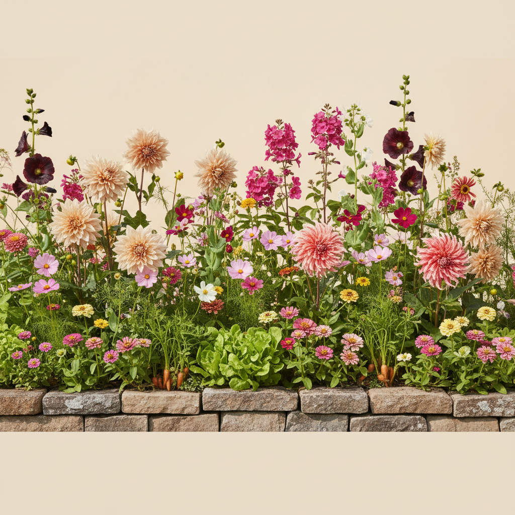 Rabatt med dahlia, zinnia, cosmos i full sol – 10 m² blandad rabatt