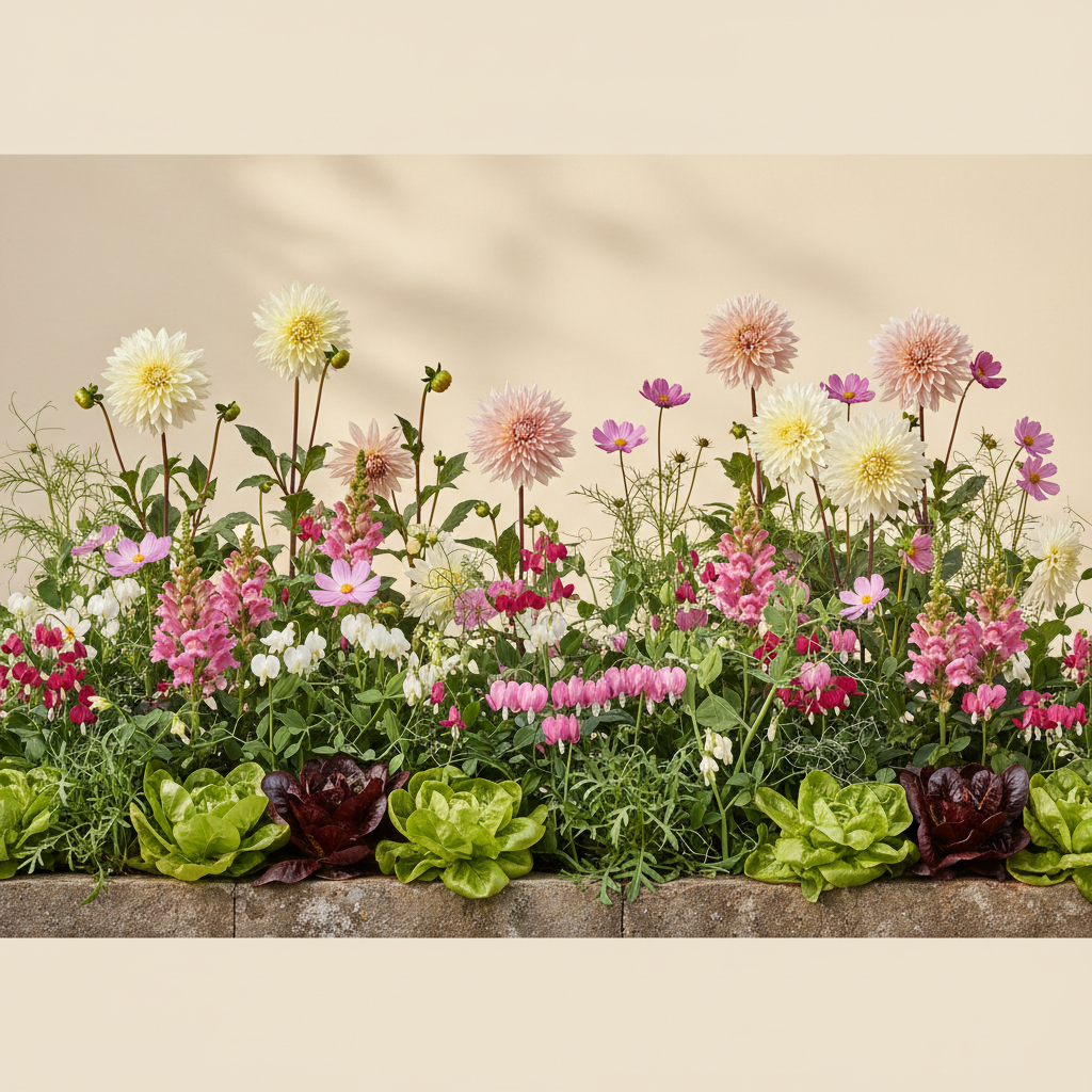 En liten 6 m² bädd i halvskugga — planerad för en blandning av blommor och grönsaker. Här samsas Dahlia 'Cafe au Lait', Dahlia 'Sweet Nathalie', Rosenskära 'Double Dutch Rose' (frö), Lejongap 'Madame Butterfly Pink' (frö), Trädgårdssallat 'Salat Mix Mesclun' (BIO frö), Sockerärta 'Grijze Roodbloeiende' (BIO frö), Vild rucola (frö), Löjtnantshjärta vit och Löjtnantshjärta rosa/röd, valda för att trivas tillsammans.
