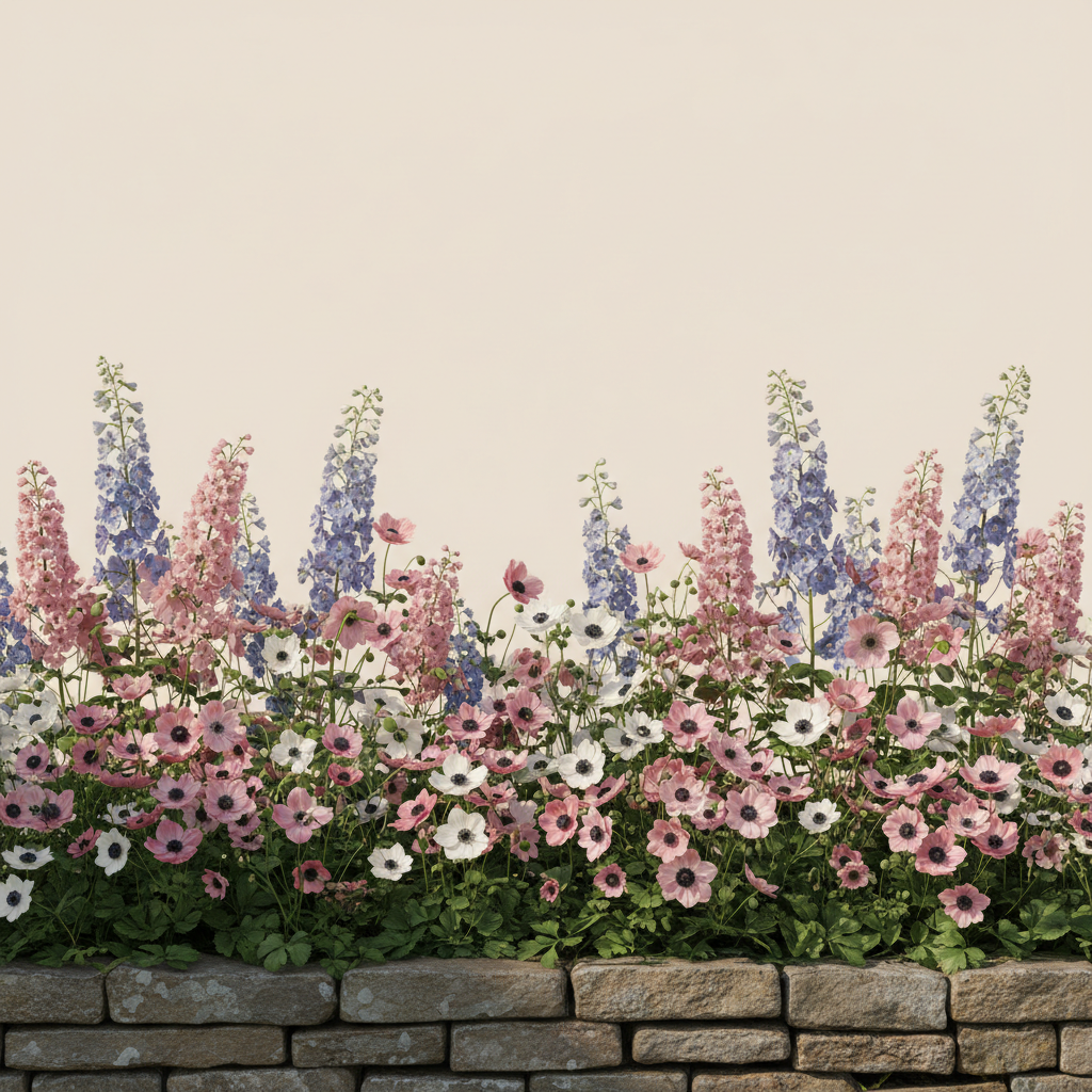 Rabatt med anemone, riddarsporre i skugga – 2 m² perennrabatt
