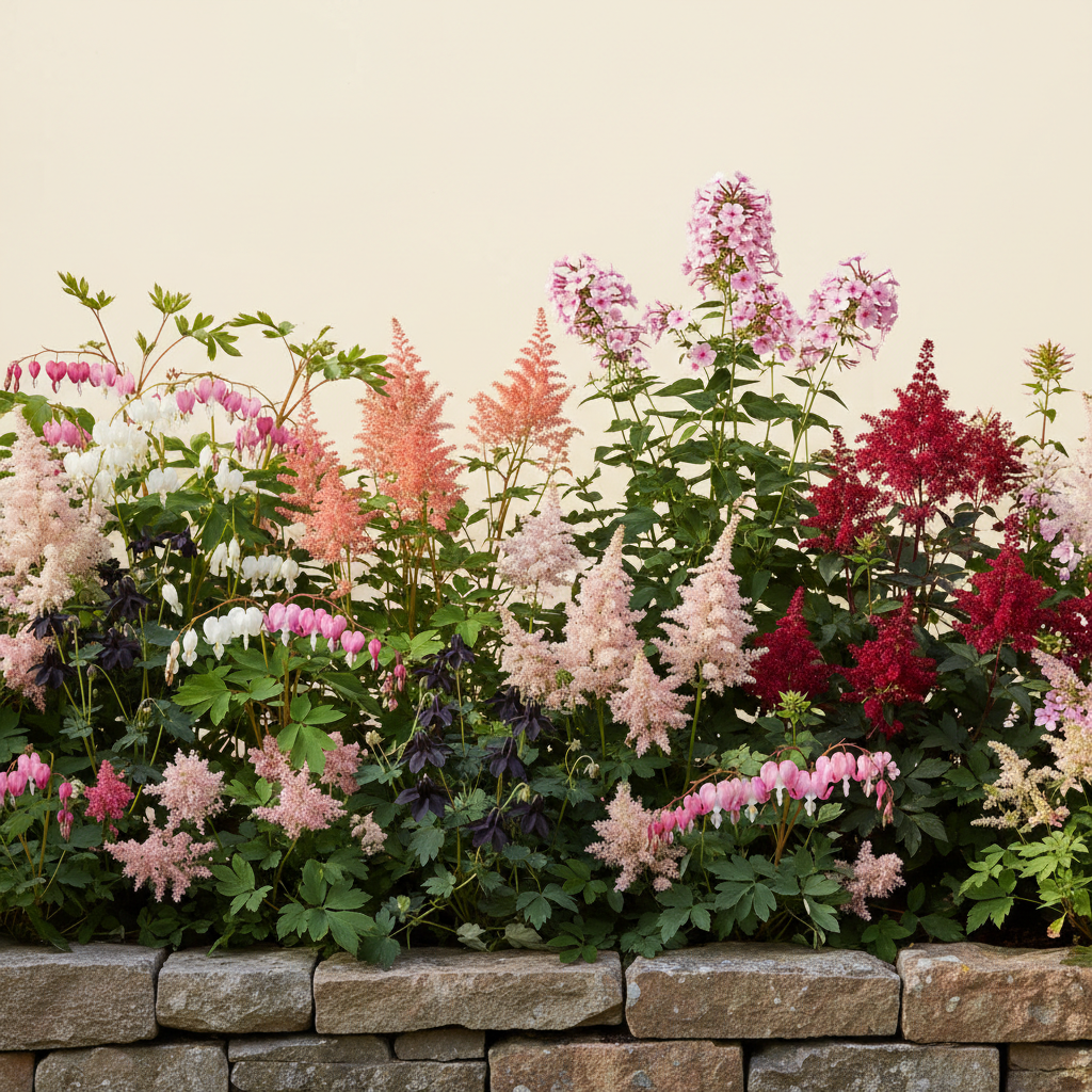 Rabatt med löjtnantshjärta, astilbe, höstflox i halvskugga – 32 m² perennrabatt