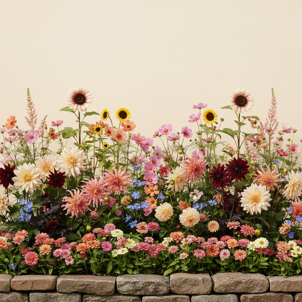 Rabatt med dahlia, zinnia, cosmos i full sol – 6 m² snittblomsterbädd