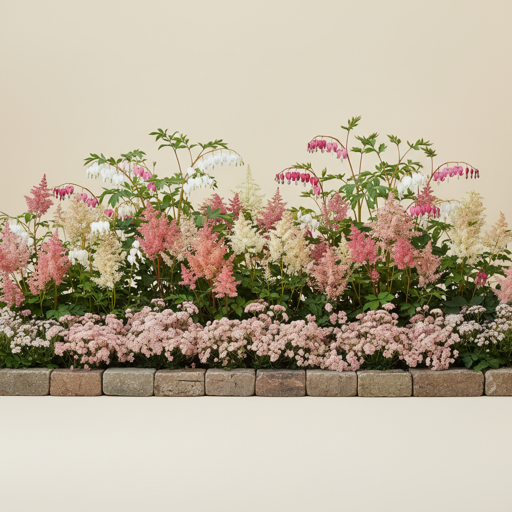 Rabatt med löjtnantshjärta, astilbe i skugga – 6 m² perennrabatt