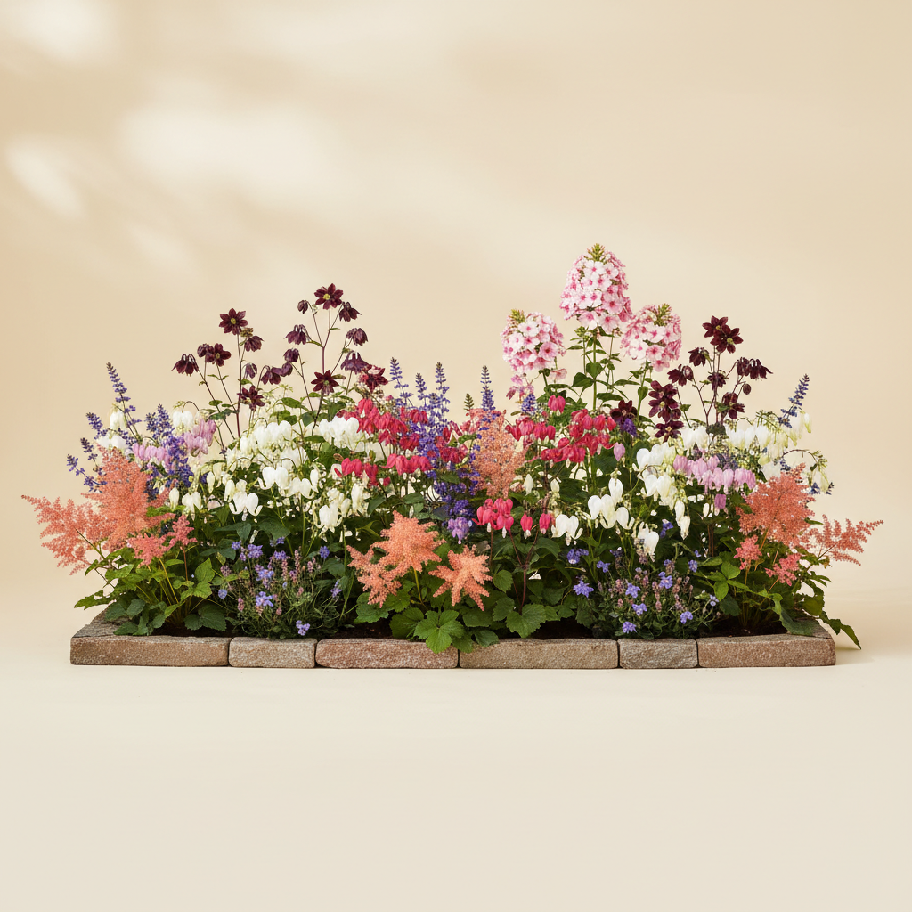 Rabatt med löjtnantshjärta, astilbe, höstflox i halvskugga – 8 m² perennrabatt