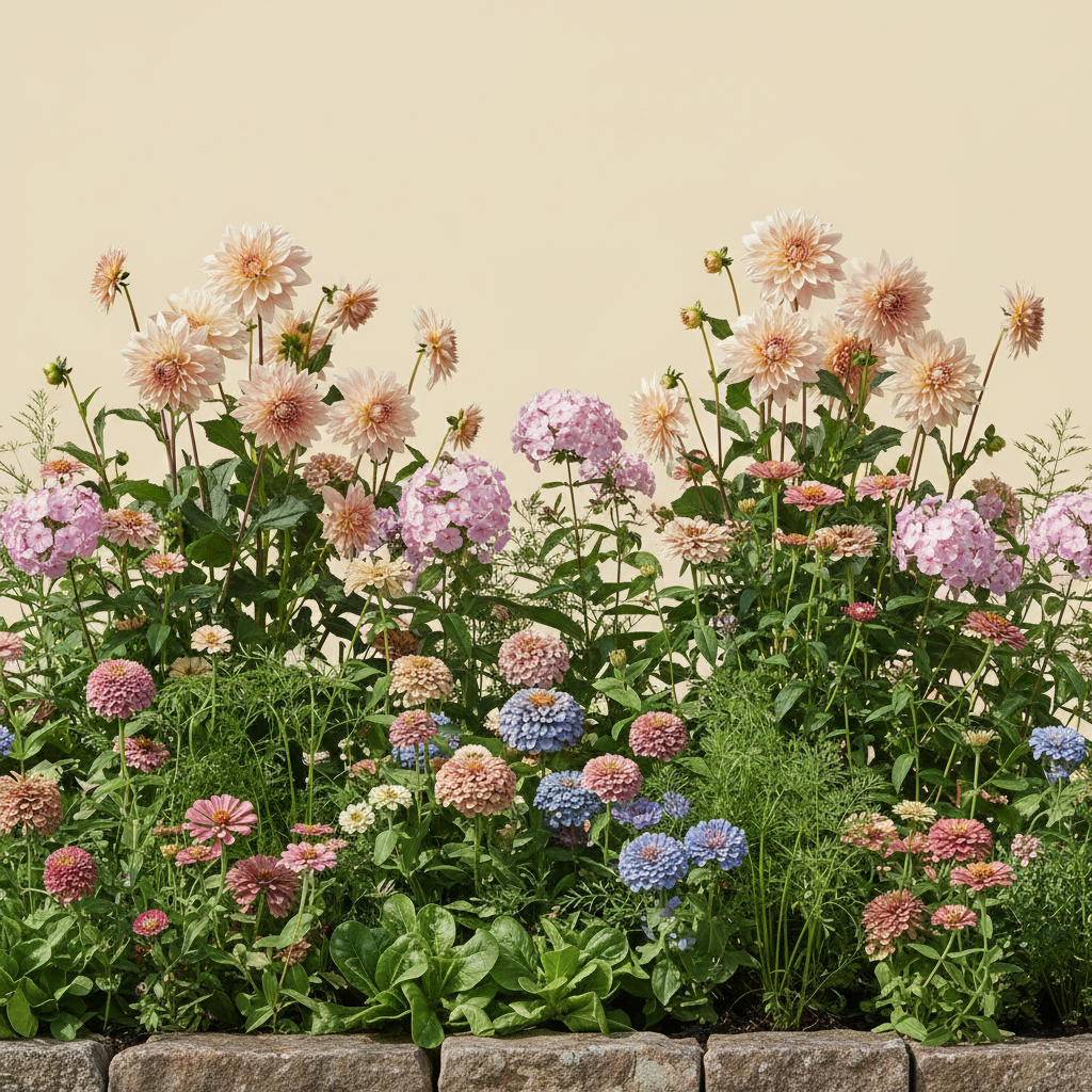 Rabatt med dahlia, zinnia, trädgårdssallat i full sol – 2 m² blandad rabatt