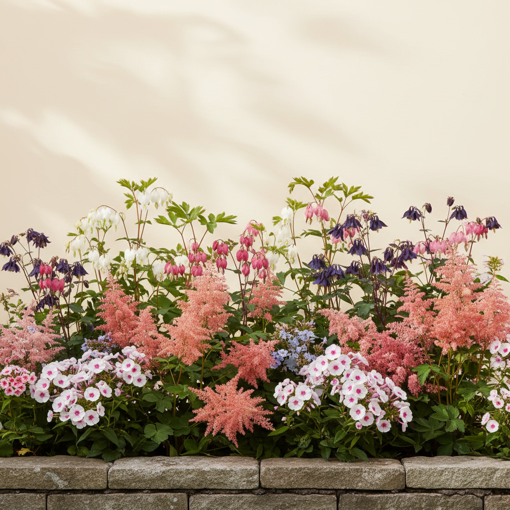 Rabatt med löjtnantshjärta, astilbe, höstflox i halvskugga – 6 m² perennrabatt