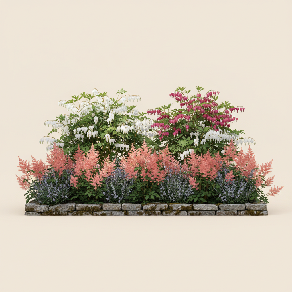 Rabatt med löjtnantshjärta, astilbe i halvskugga – 2 m² perennrabatt