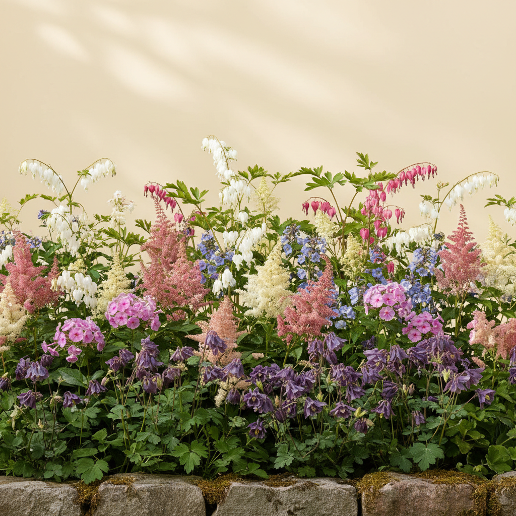 Rabatt med löjtnantshjärta, astilbe, höstflox i halvskugga – 6 m² perennrabatt