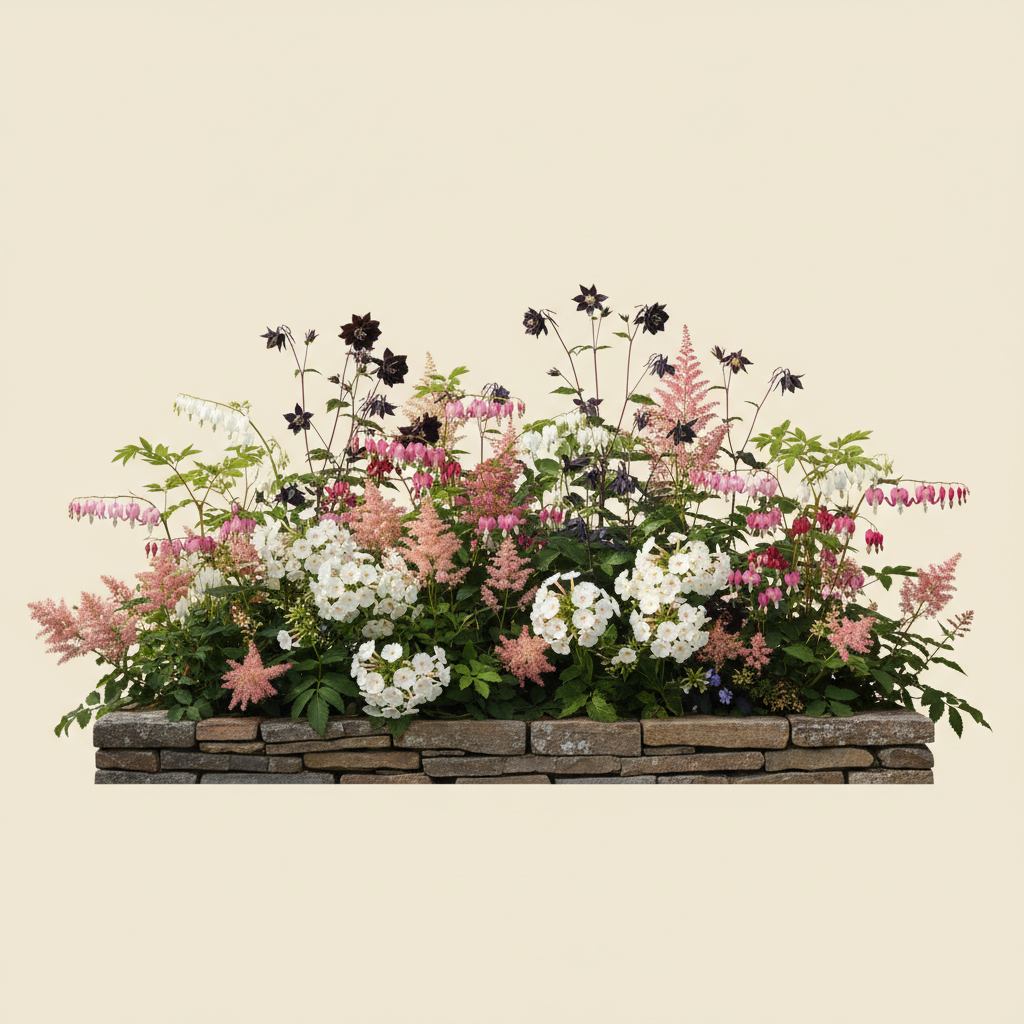 Rabatt med löjtnantshjärta, astilbe, höstflox i halvskugga – 5 m² perennrabatt