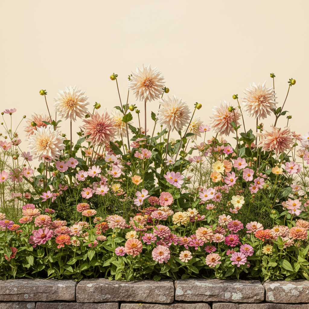 Rabatt med dahlia, zinnia, cosmos i full sol – 2 m² snittblomsterbädd