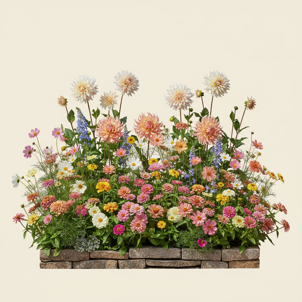 Rabatt med dahlia, zinnia, cosmos i full sol – 1 m² snittblomsterbädd
