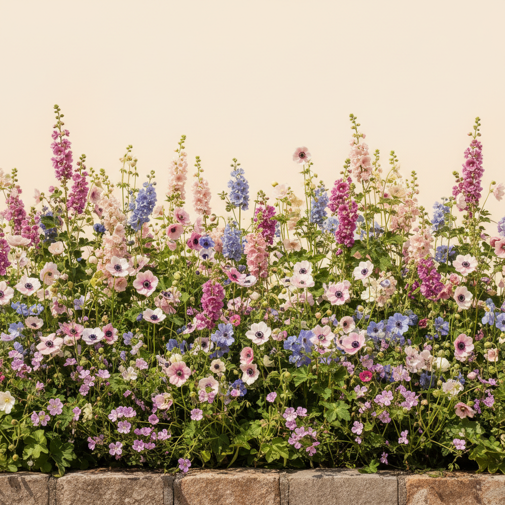 Rabatt med anemone, anemon, näva i full sol – 14 m² perennrabatt