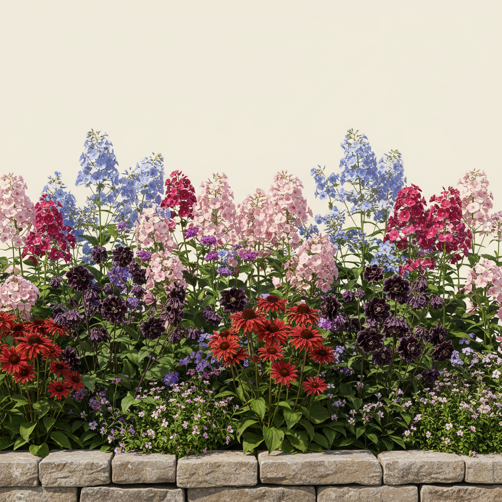 Rabatt med höstflox, akleja, röd i full sol – 9 m² perennrabatt