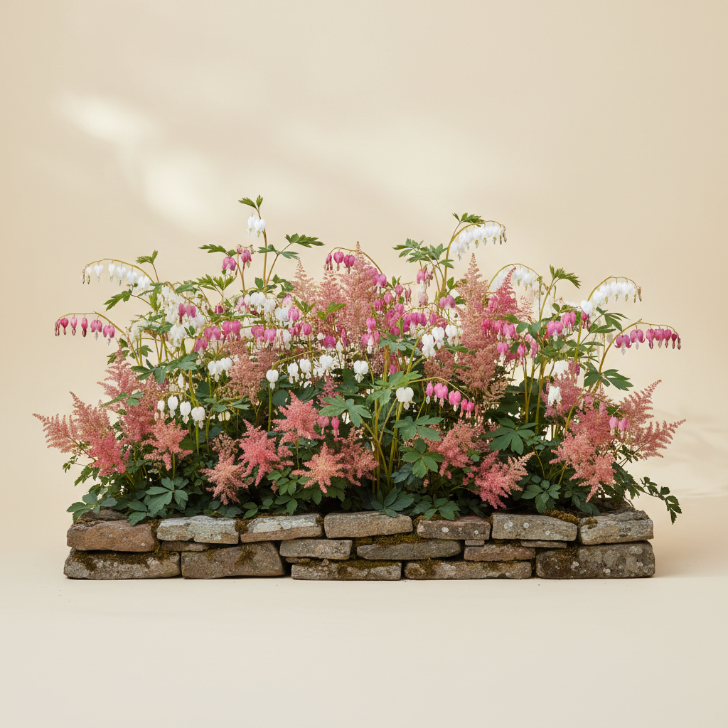 Rabatt med löjtnantshjärta, astilbe i halvskugga – 2 m² perennrabatt