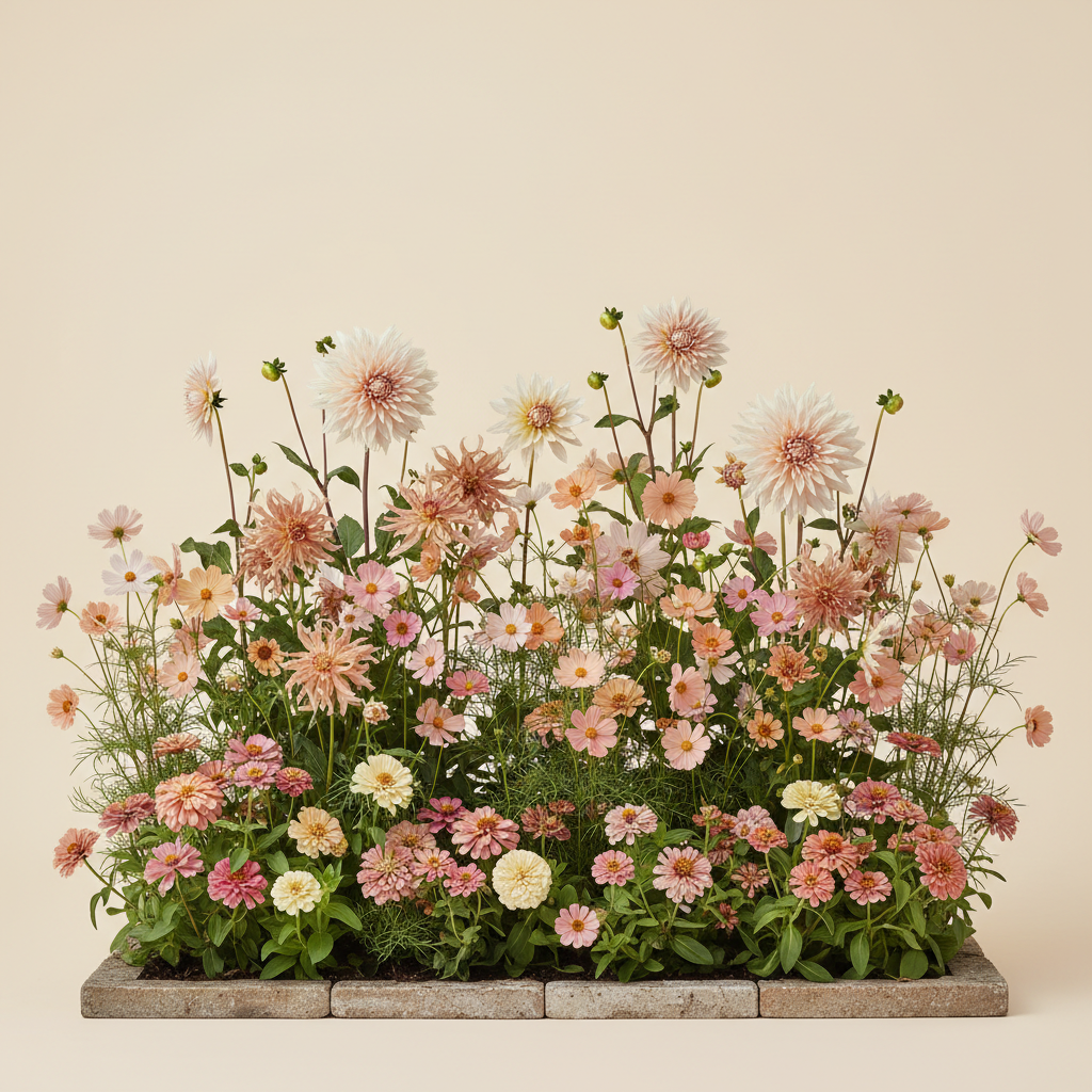 Rabatt med dahlia, zinnia, cosmos i skugga – 1 m² snittblomsterbädd