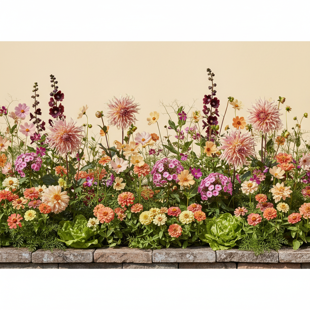 Rabatt med dahlia, zinnia, cosmos i full sol – 10 m² blandad rabatt