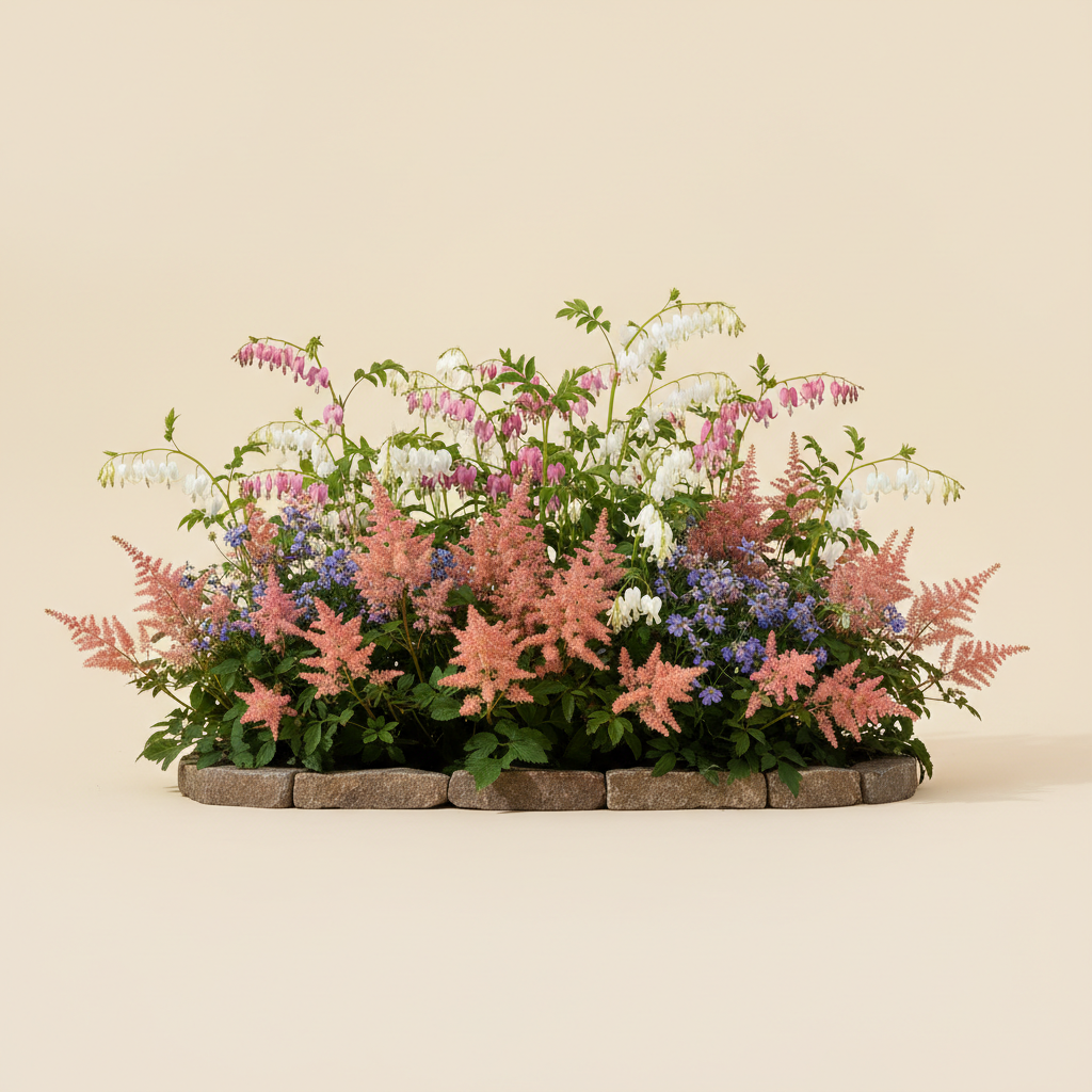 Rabatt med löjtnantshjärta, astilbe i halvskugga – 2 m² perennrabatt