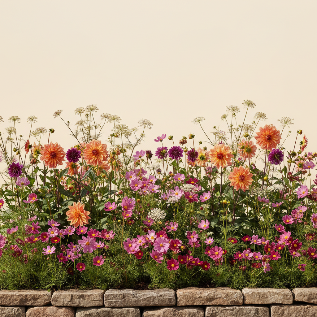 Rabatt med dahlia, vildmorot, cosmos i full sol – 2 m² snittblomsterbädd