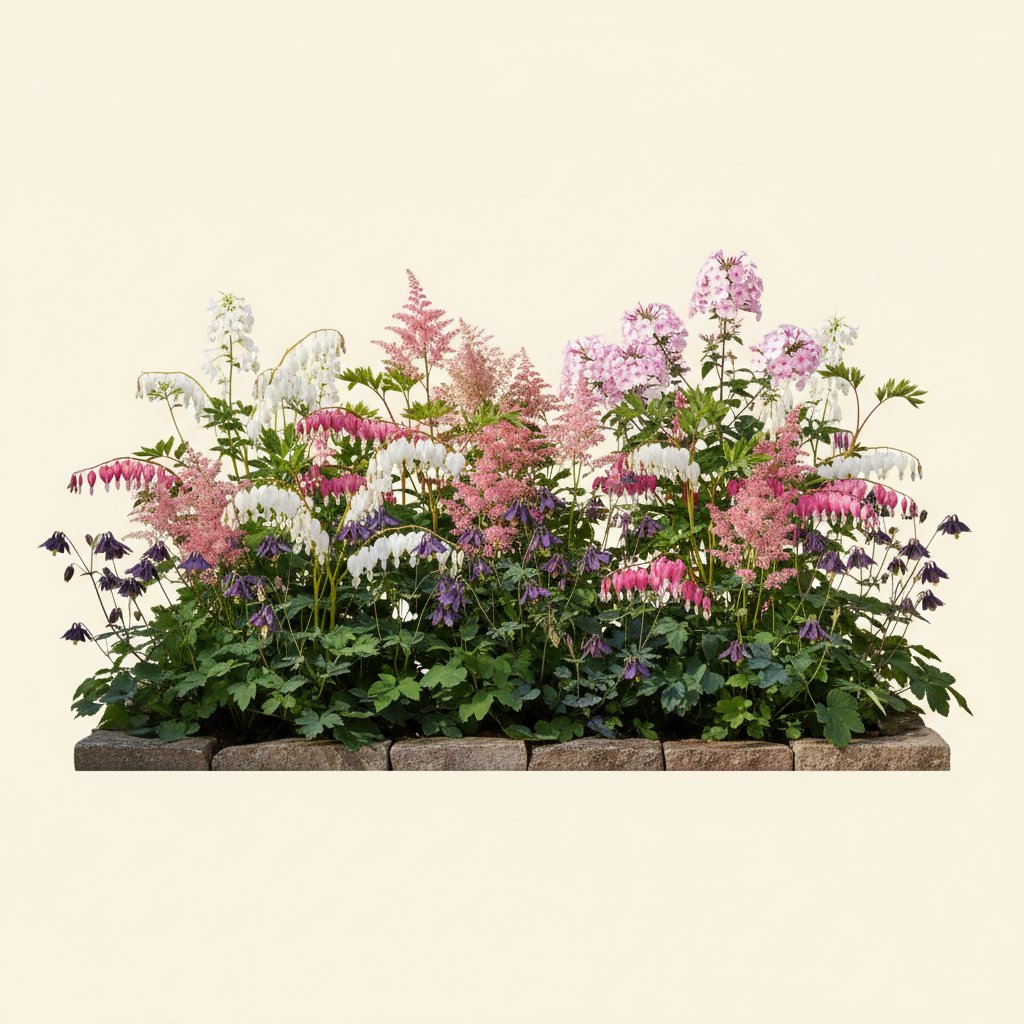 Rabatt med löjtnantshjärta, astilbe, höstflox i halvskugga – 6 m² perennrabatt