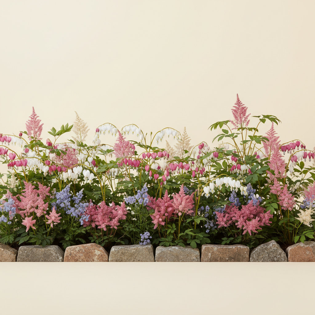 Rabatt med löjtnantshjärta, astilbe i skugga – 4 m² perennrabatt