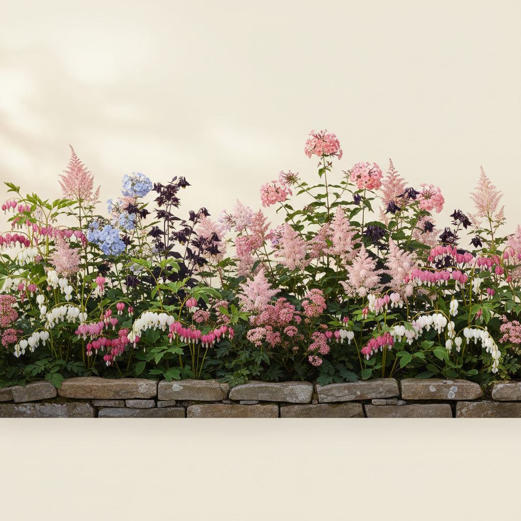 Rabatt med löjtnantshjärta, astilbe, höstflox i halvskugga – 20 m² perennrabatt