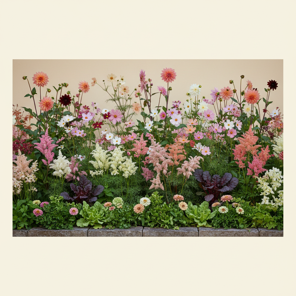 Rabatt med dahlia, zinnia, cosmos i skugga – 50 m² blandad rabatt