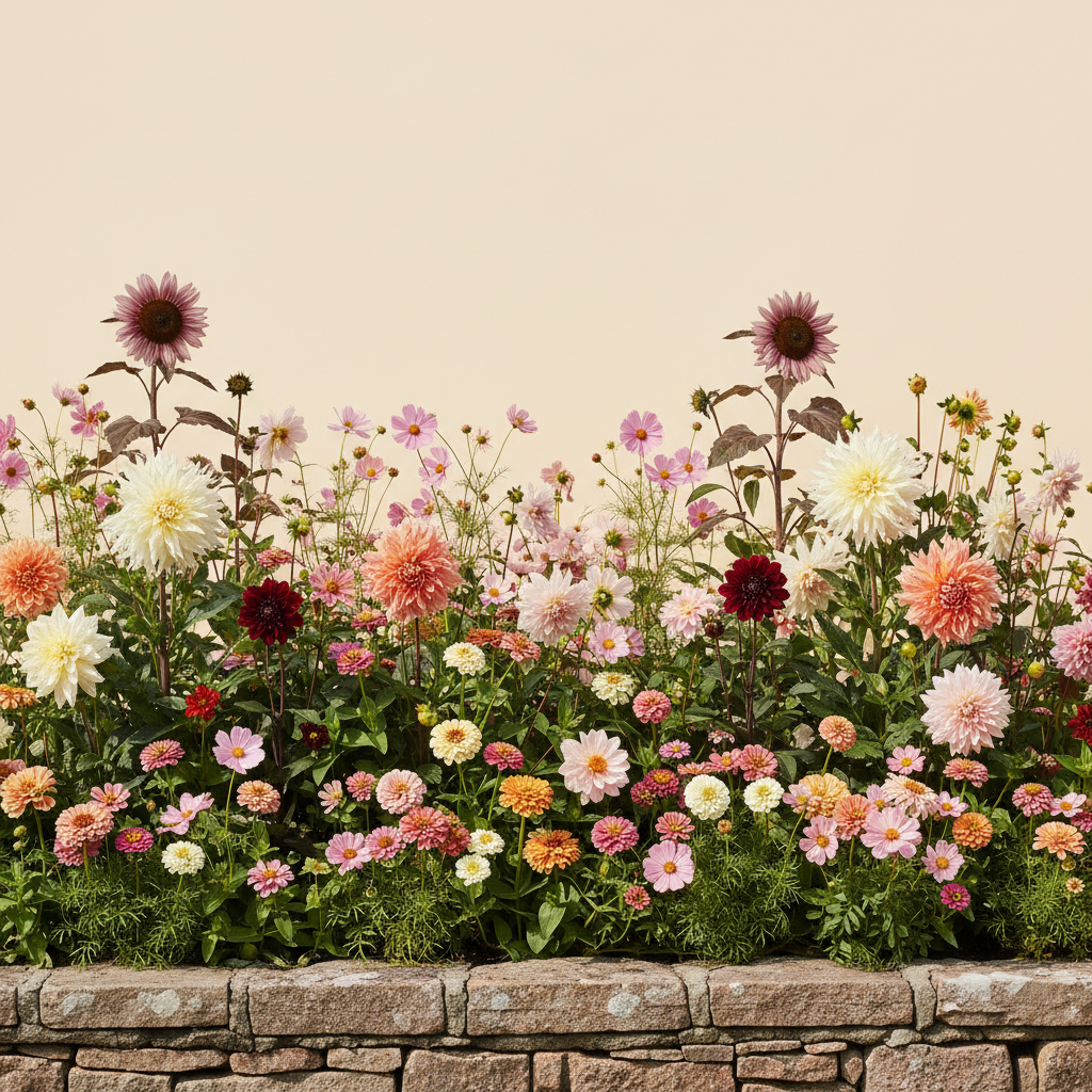Rabatt med dahlia, zinnia, cosmos i full sol – 6 m² snittblomsterbädd