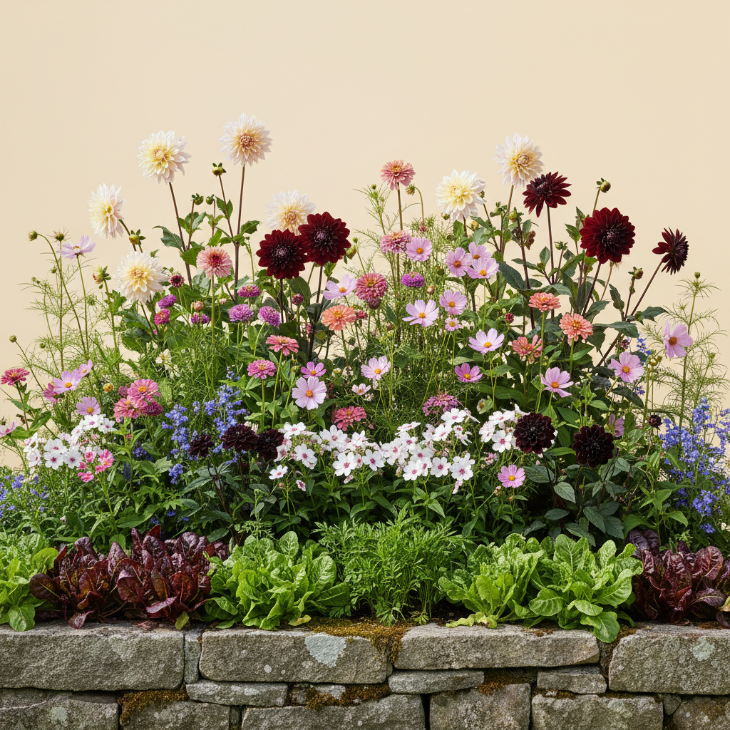 Rabatt med dahlia, zinnia, cosmos i full sol – 9 m² blandad rabatt