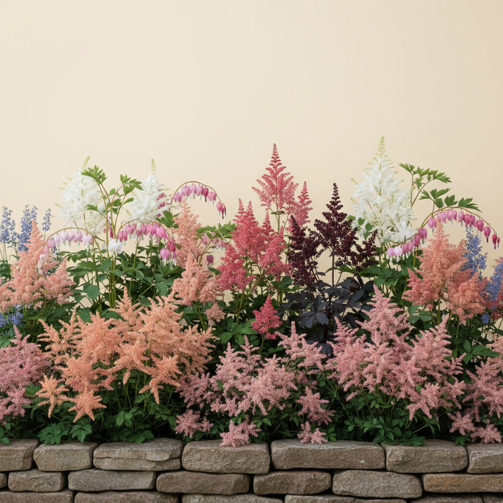 Rabatt med löjtnantshjärta, astilbe i skugga – 20 m² perennrabatt