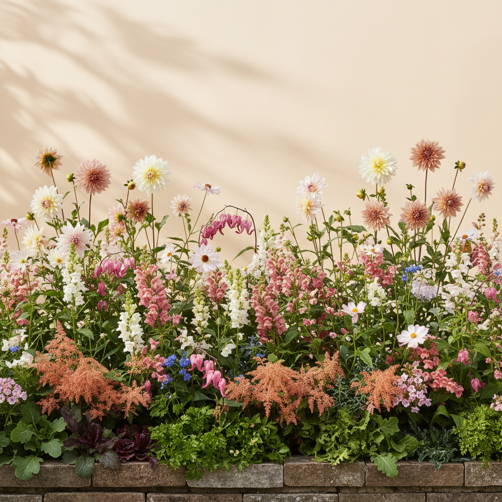 Rabatt med dahlia, rosenskära, lejongap i halvskugga – 60 m² blandad rabatt