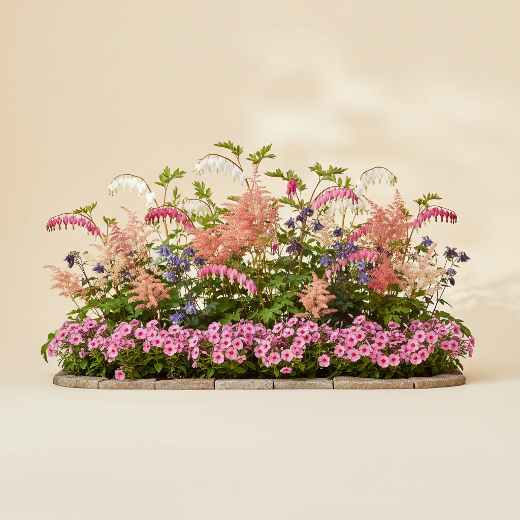 Rabatt med löjtnantshjärta, astilbe, höstflox i halvskugga – 6 m² perennrabatt